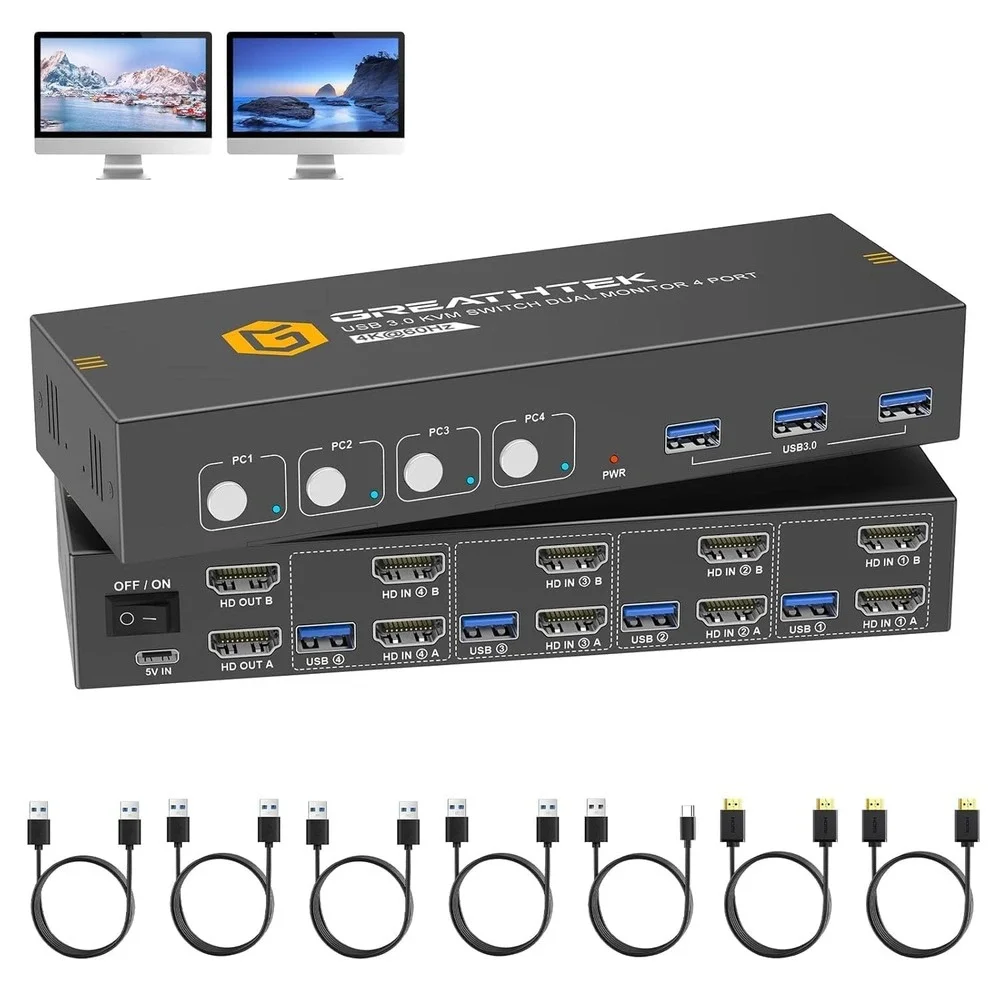 GREATHTEK 4K@60Hz KVM Switch 4 Port Dual Monitor HDMI 3 USB 3.0 7415H2-0513